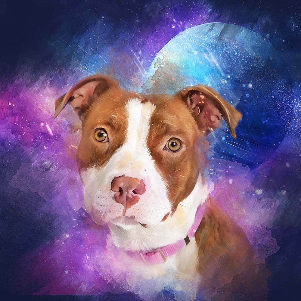 Watercolor style bulldog with a colorful, cosmic galaxy background