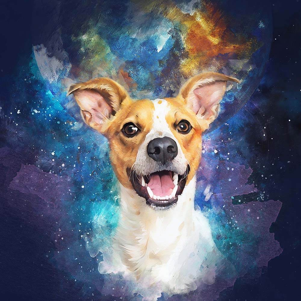 Watercolor style dog with a colorful, cosmic galaxy background