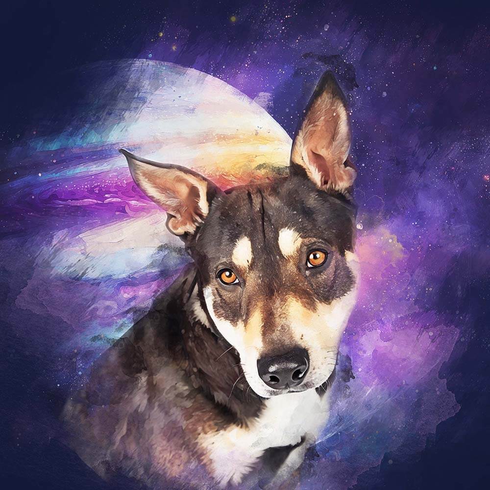 Watercolor style dog with a colorful, cosmic galaxy background