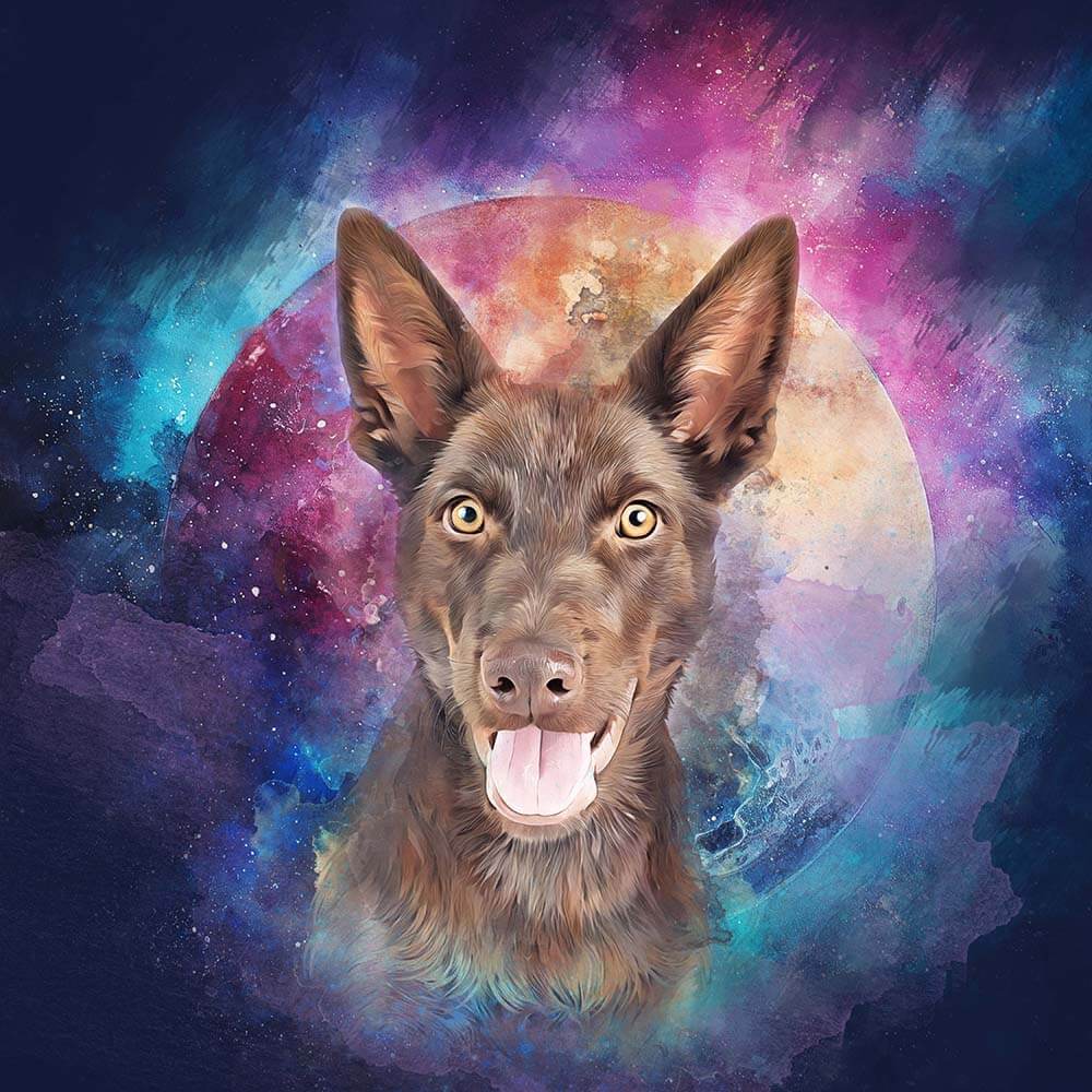 Watercolor style dog with a colorful, cosmic galaxy background