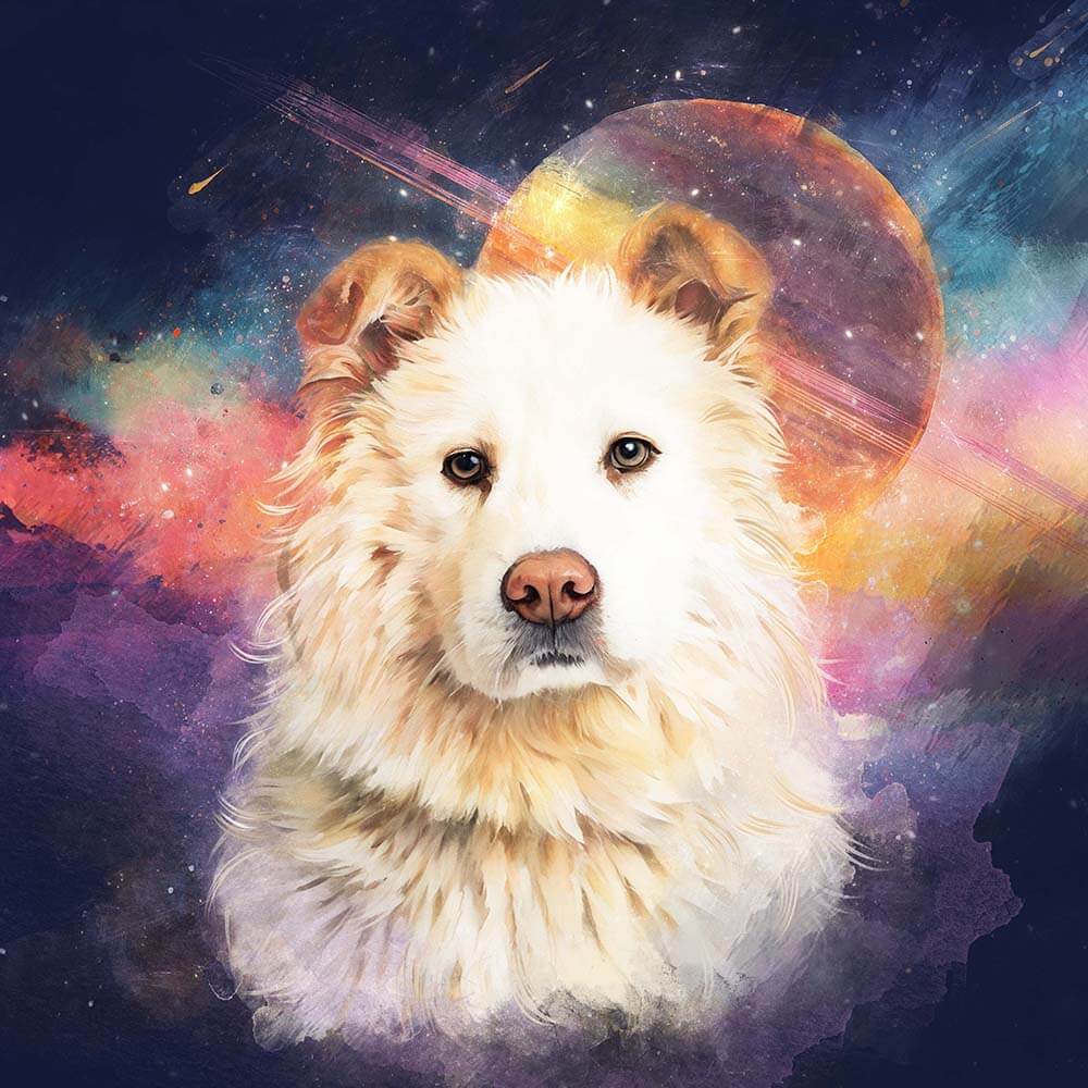 Watercolor style dog with a colorful, cosmic galaxy background