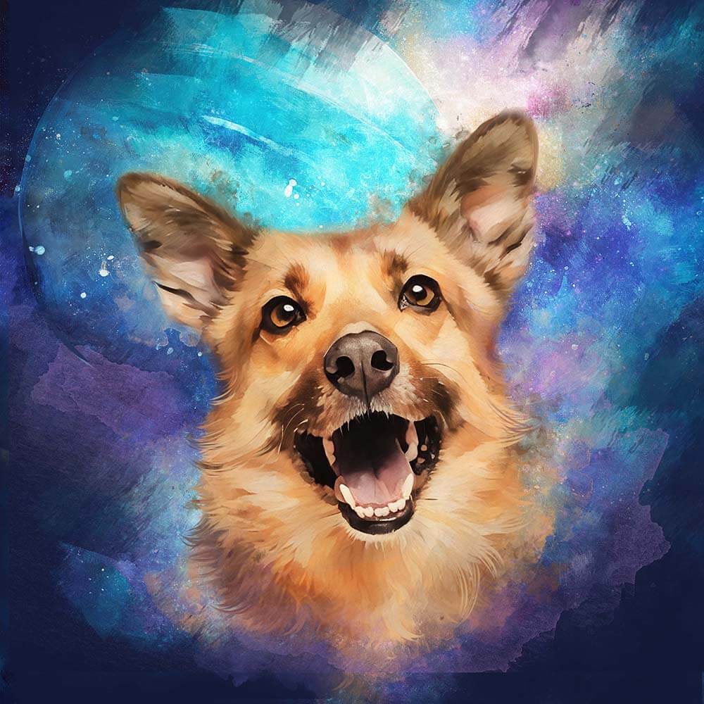 Watercolor style dog with a colorful, cosmic galaxy background