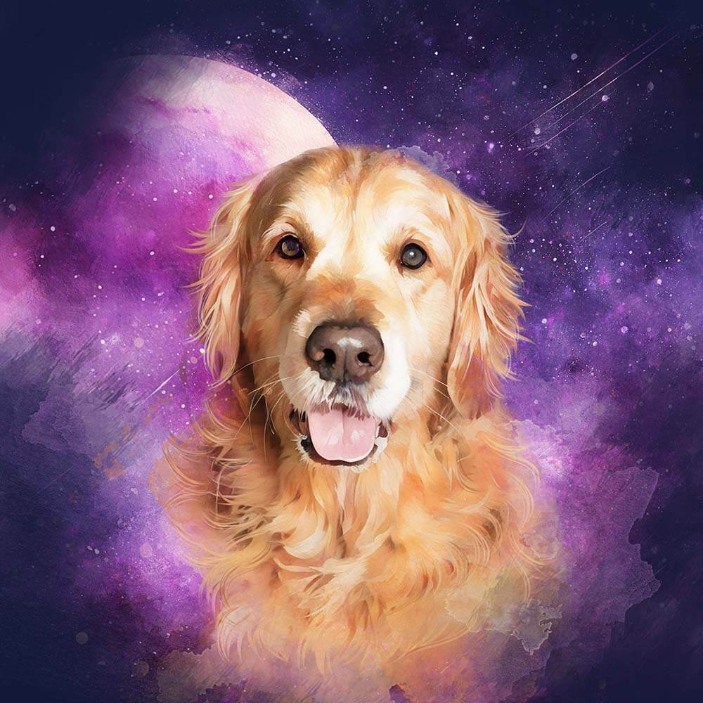Watercolor style golden retriever dog with a colorful, cosmic galaxy background