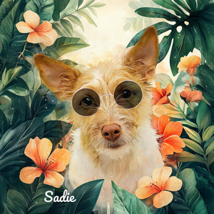dog custom watercolor pet portrait of SummerTime style with tropical elements