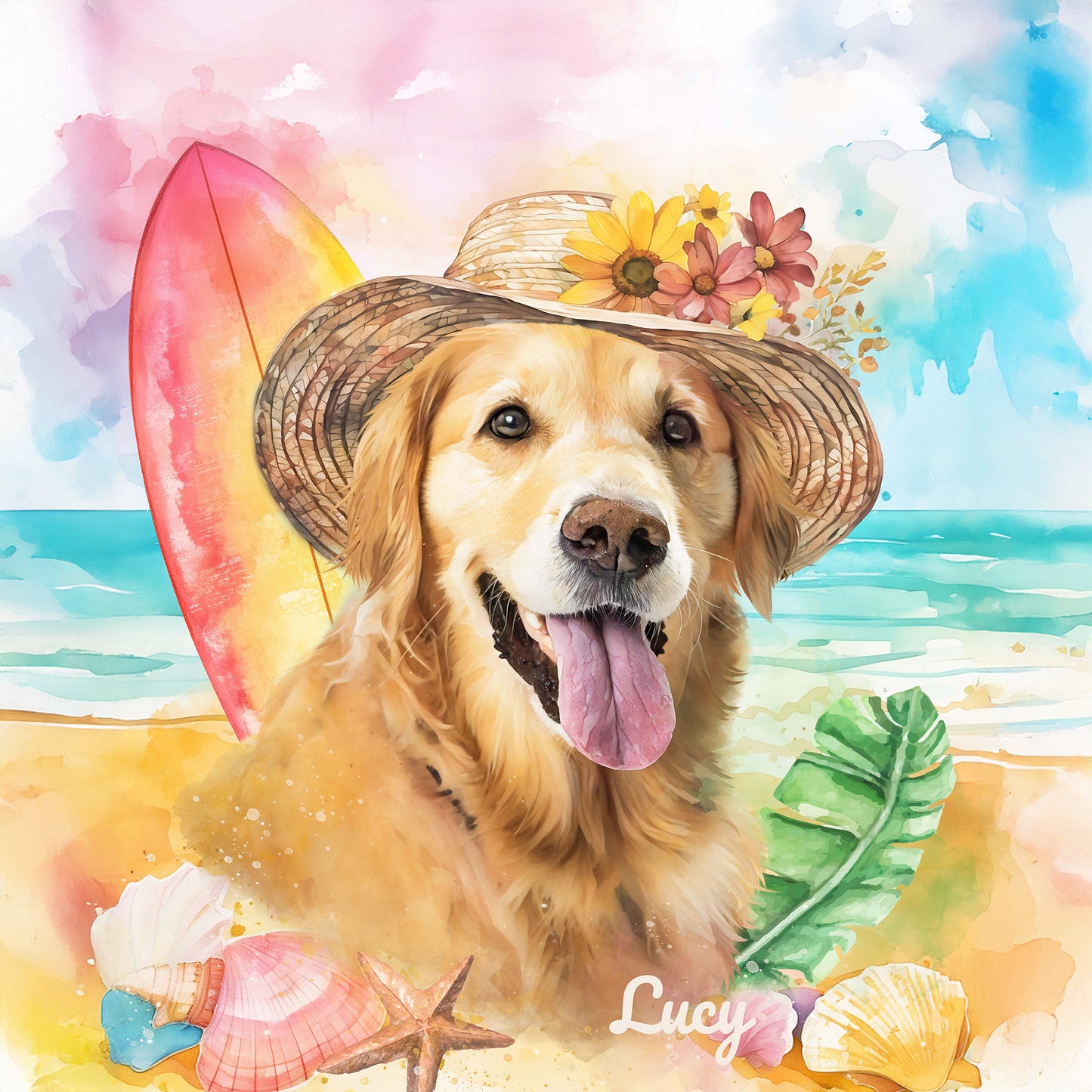 golden retriever custom watercolor pet portrait of SummerTime style with tropical elements