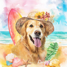Load image into Gallery viewer, golden retriever custom watercolor pet portrait of SummerTime style with tropical elements