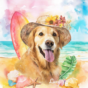 golden retriever custom watercolor pet portrait of SummerTime style with tropical elements