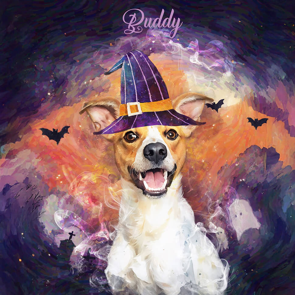 Dog wearing a witch hat with a colorful, abstract background and bats.