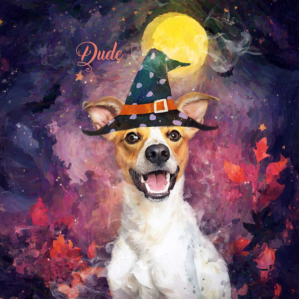 Dog wearing a witch hat with a colorful, abstract background