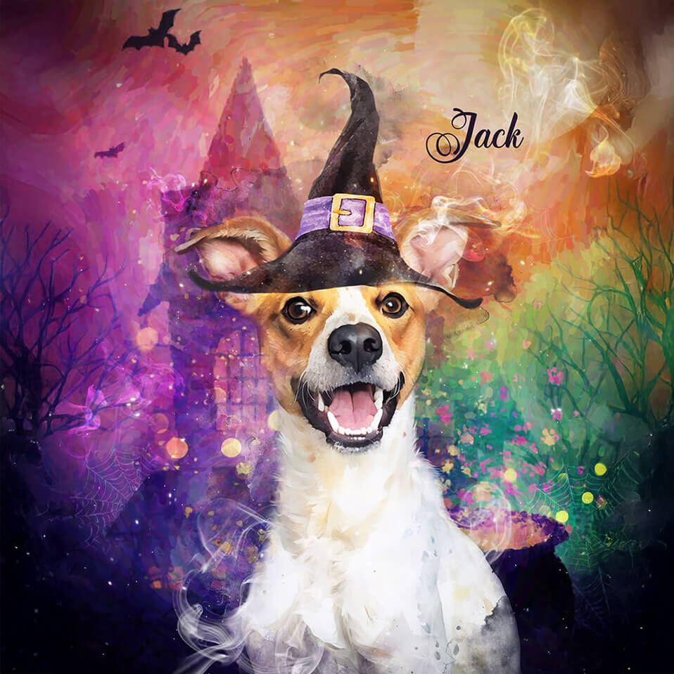 Dog wearing a witch hat with a colorful, mystical background
