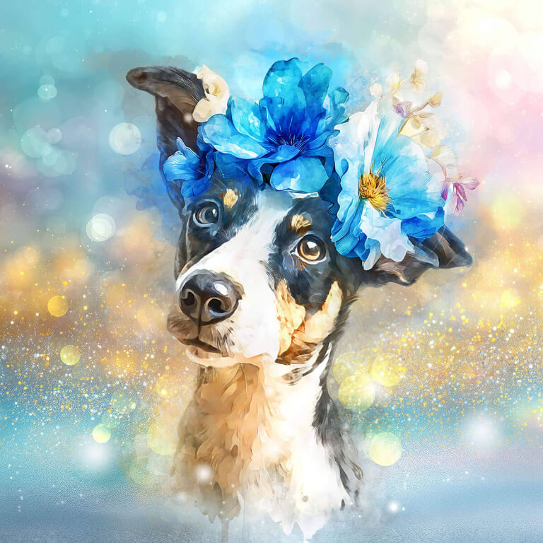 Dog with a blue flower crown on a colorful, blurred background