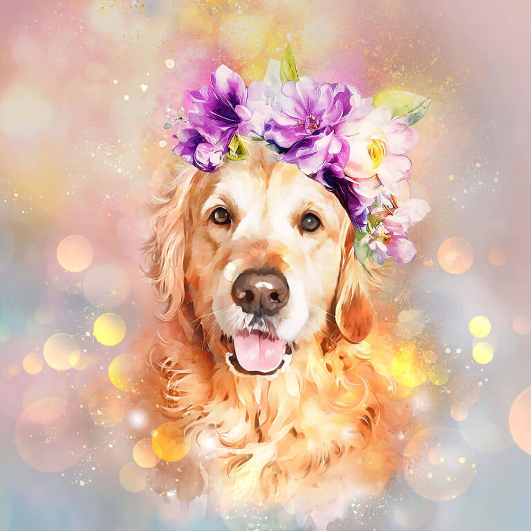 Dog wearing a floral crown with a colorful, blurred background