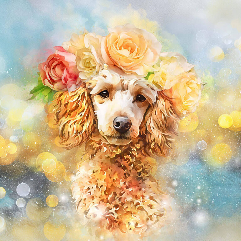 Dog with a floral headband against a colorful, blurred background
