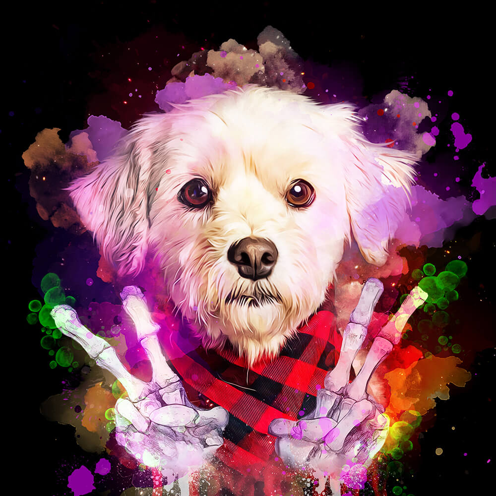 Colorful digital art of a dog with skeleton hands and a plaid scarf on a dark background