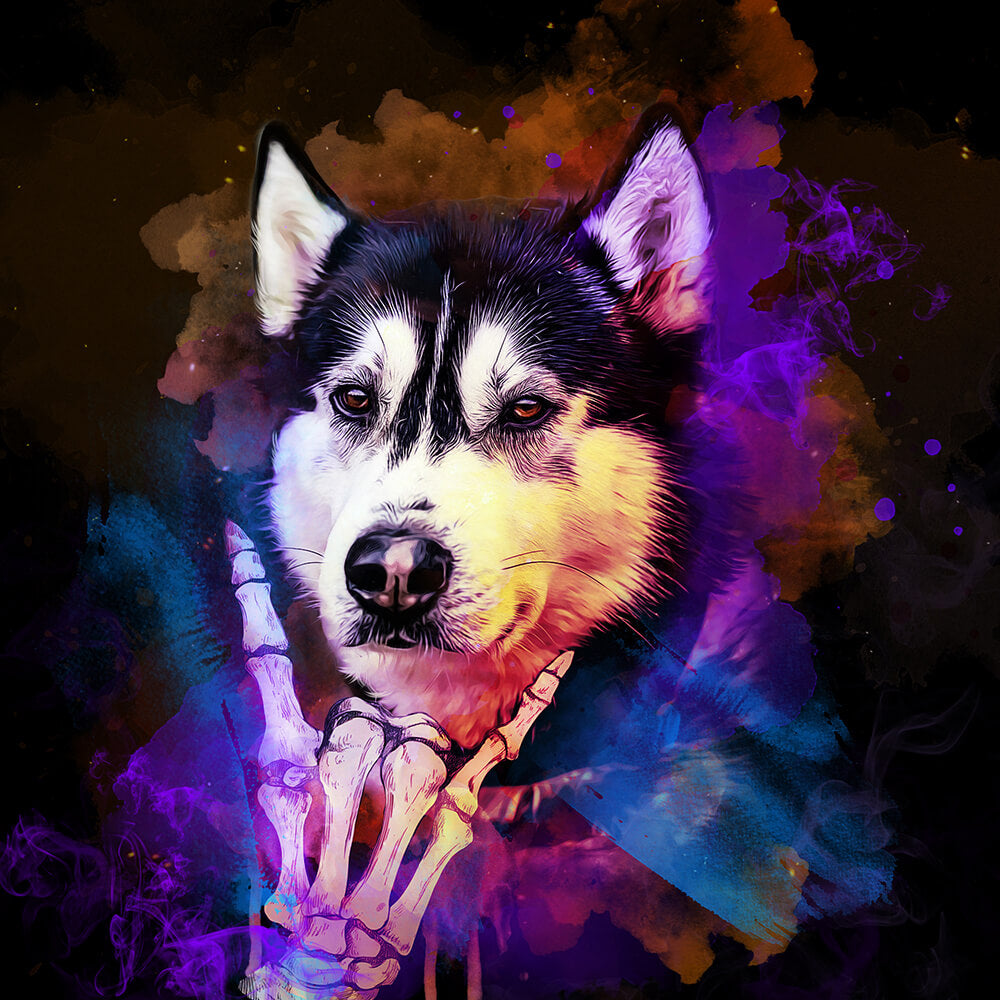 Colorful digital art of a dog with a skeleton hand holding a paw, on a dark background.