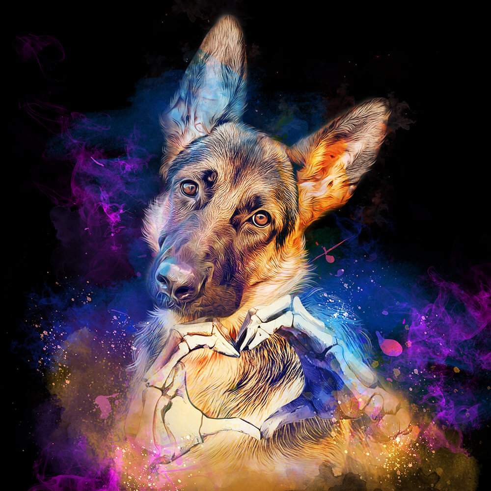 Colorful digital art of a dog with a space-themed background
