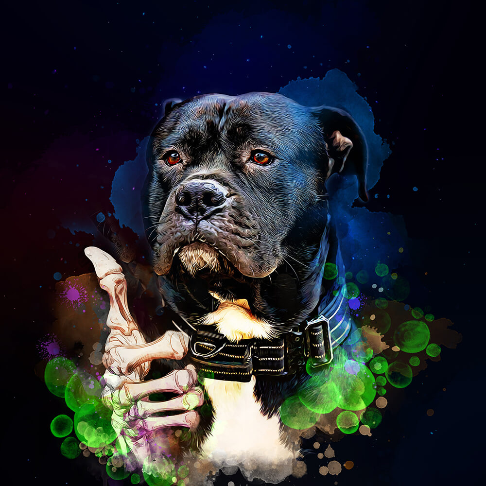 Dog holding a bone with colorful abstract background