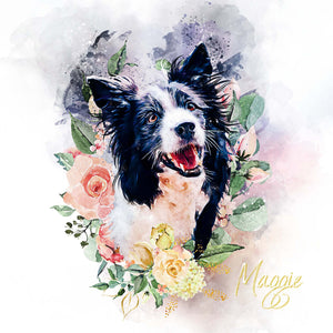 Floral style border collie dog art watercolor pet portrait