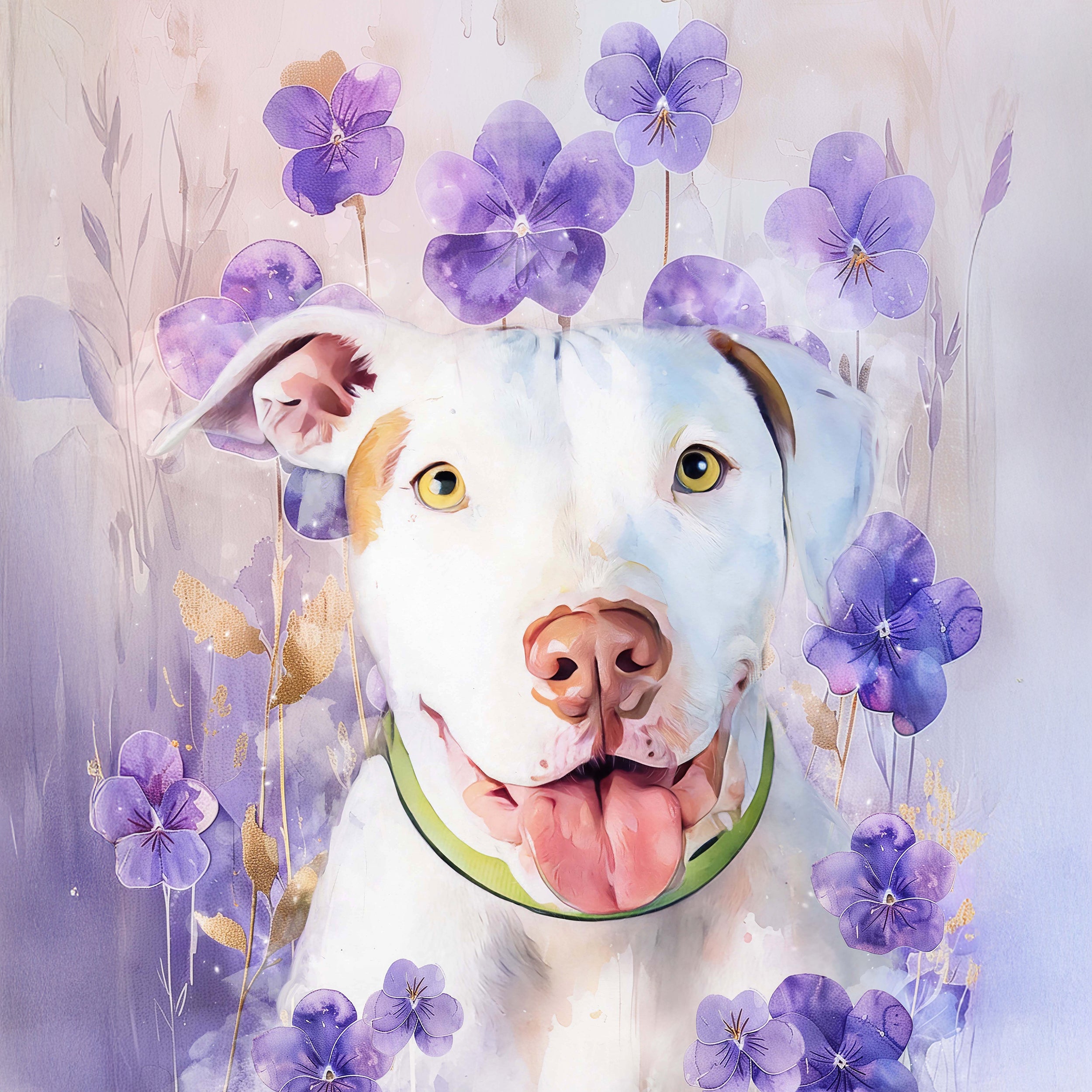 bulldog custom watercolor pet portrait of blossomtails style in floral background