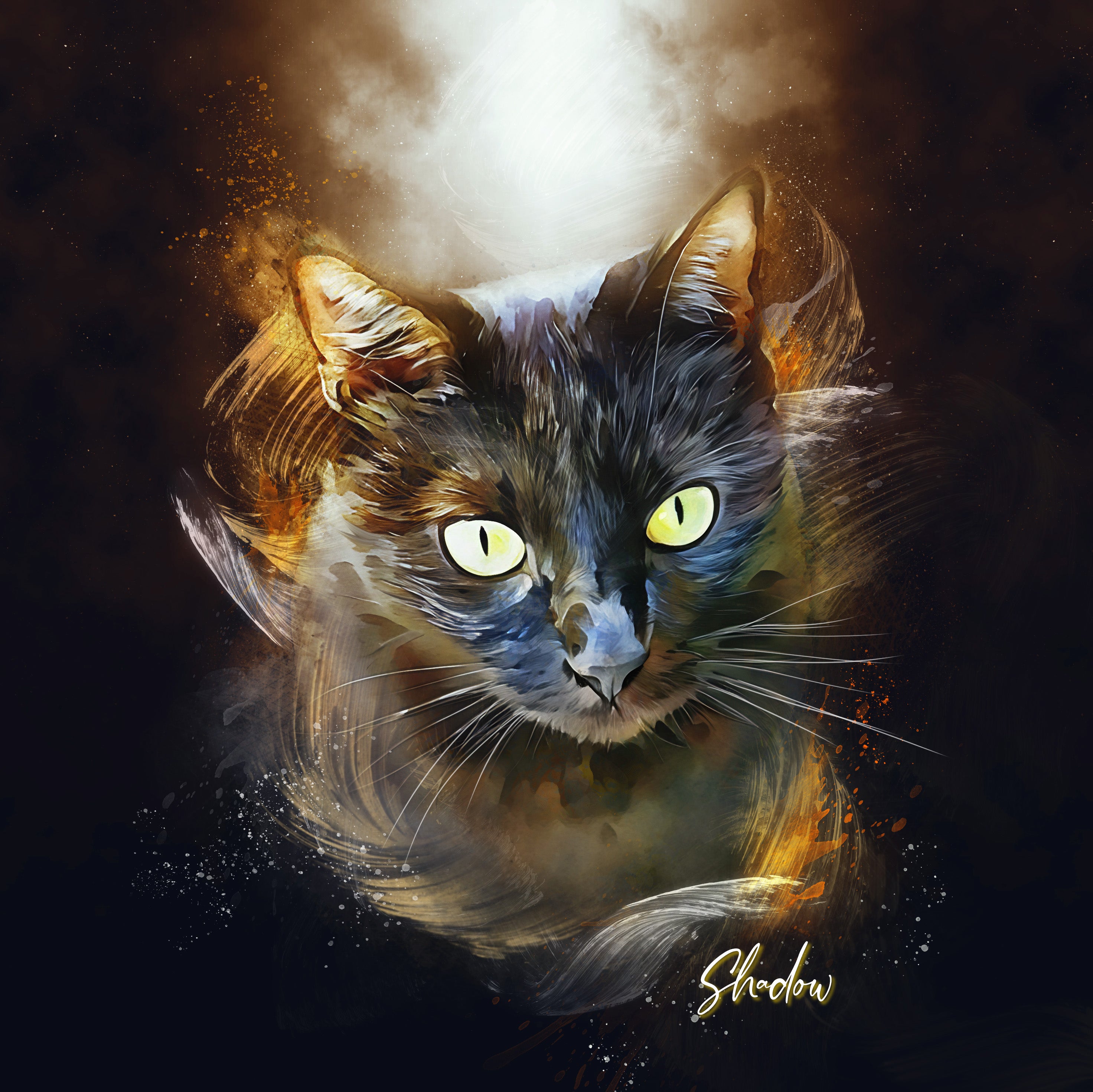 cat custom watercolor pet portrait of The Golden Glow style in gold and black colors