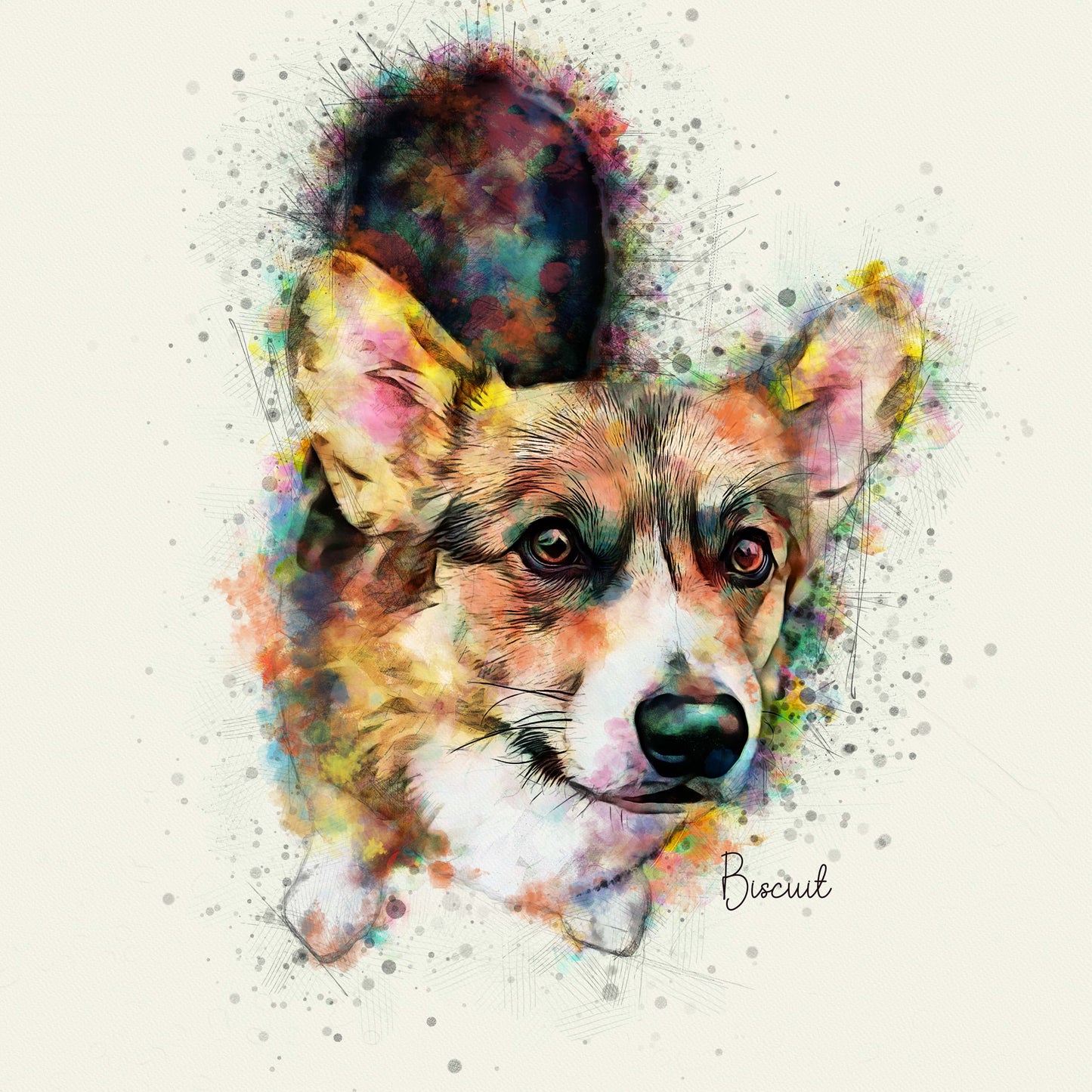 corgi custom watercolor pet portrait of Pawpalette  style in rainbow colors