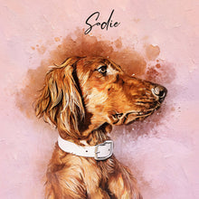 Load image into Gallery viewer, dog custom watercolor pet portrait of minimalist oil painting style in light colors