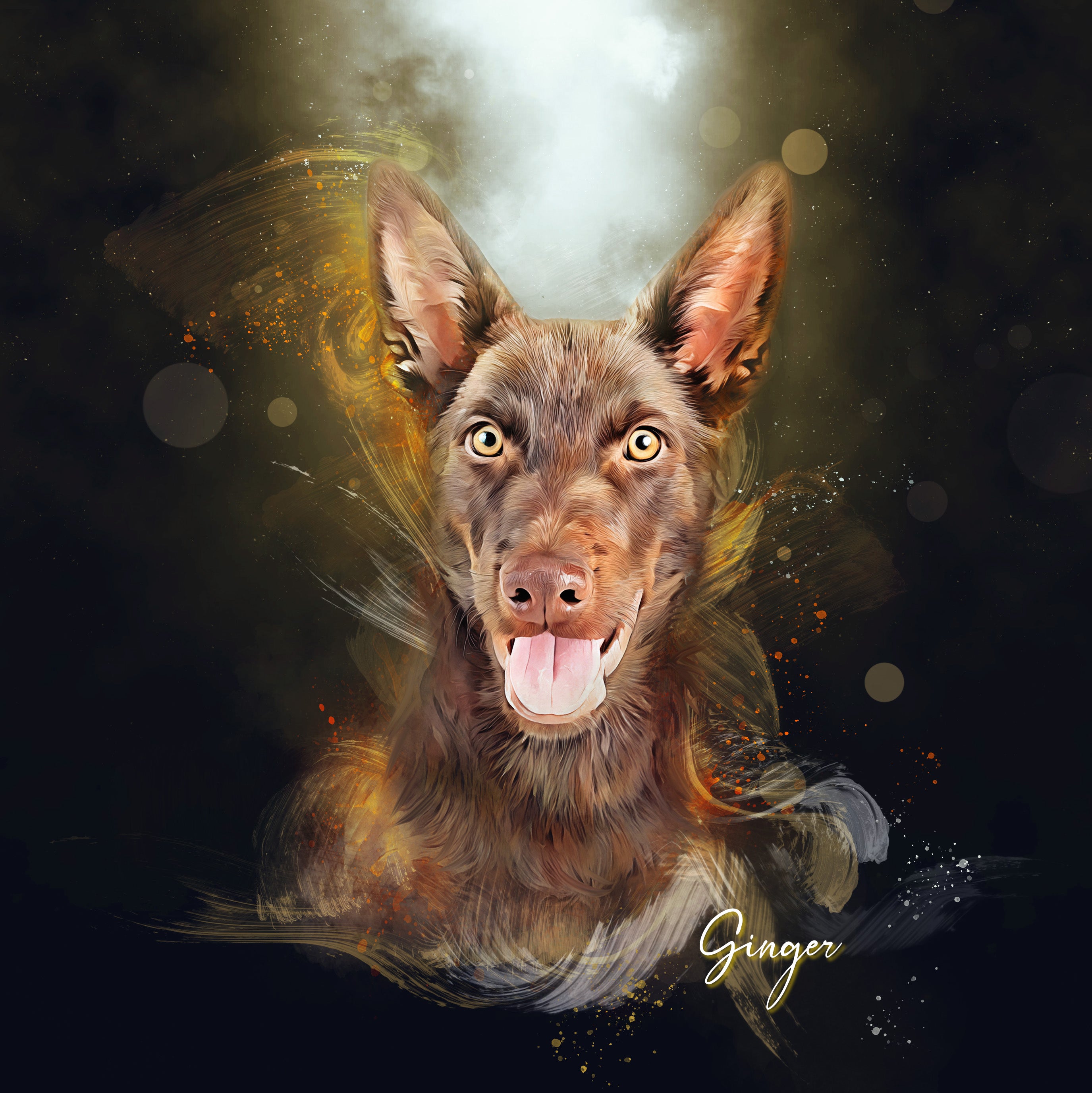 mix breed custom watercolor pet portrait of The Golden Glow style in gold and black colors
