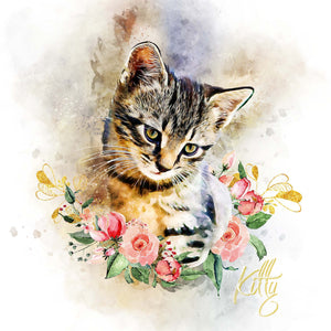 Floral style cat art watercolor pet portrait