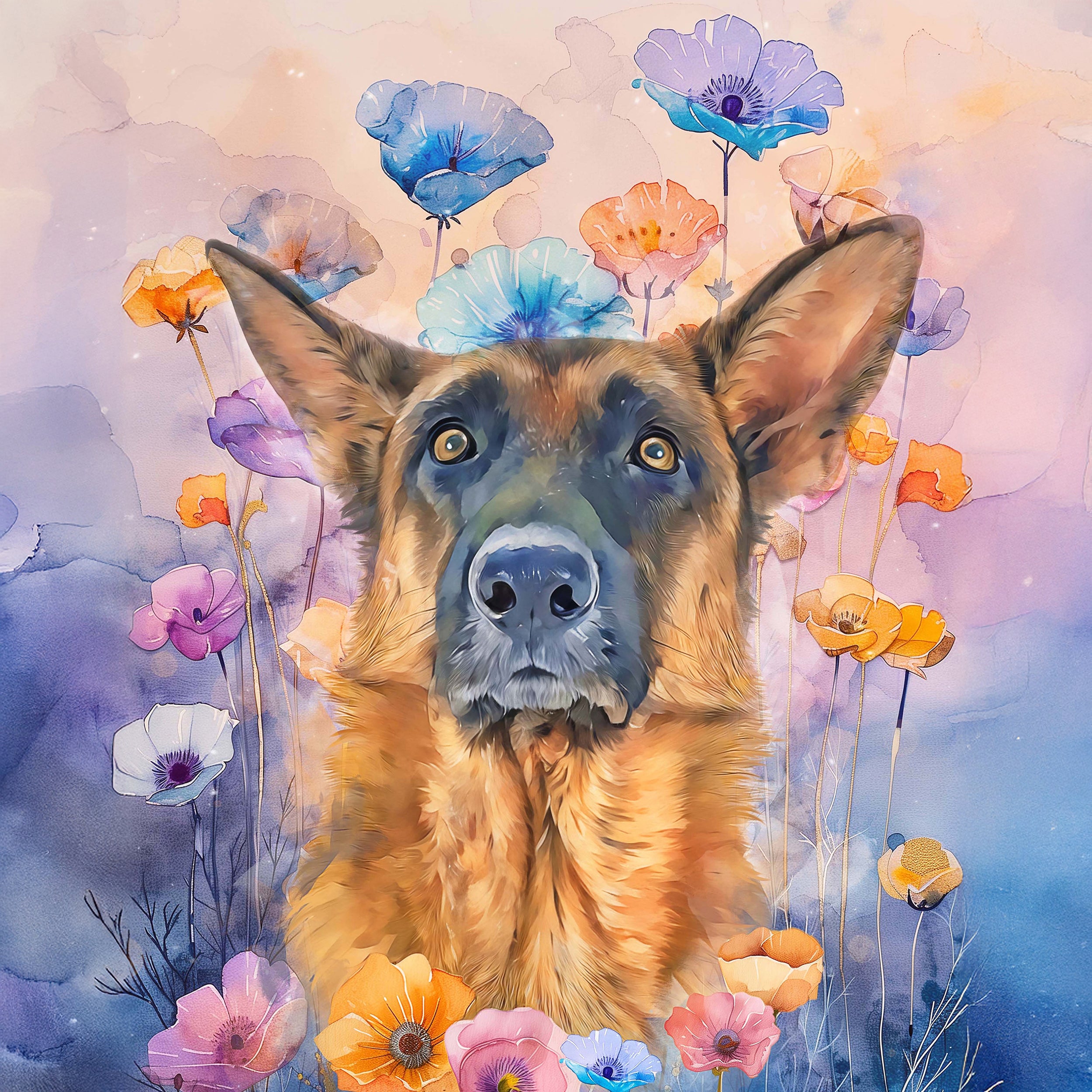 german shepherd custom watercolor pet portrait of blossomtails style in floral background