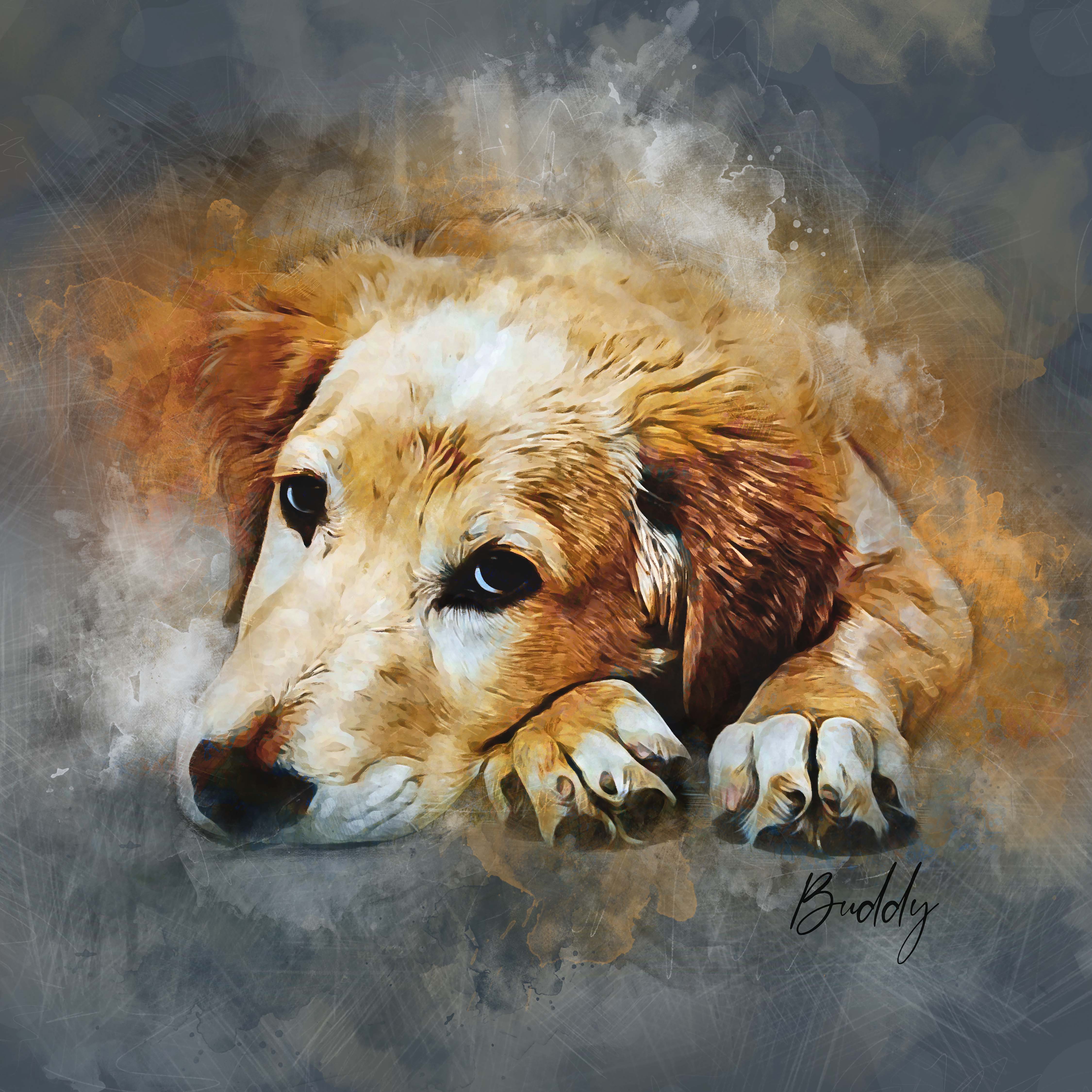 golden retriever custom watercolor pet portrait of contemporary neutral style in soft neutral colors