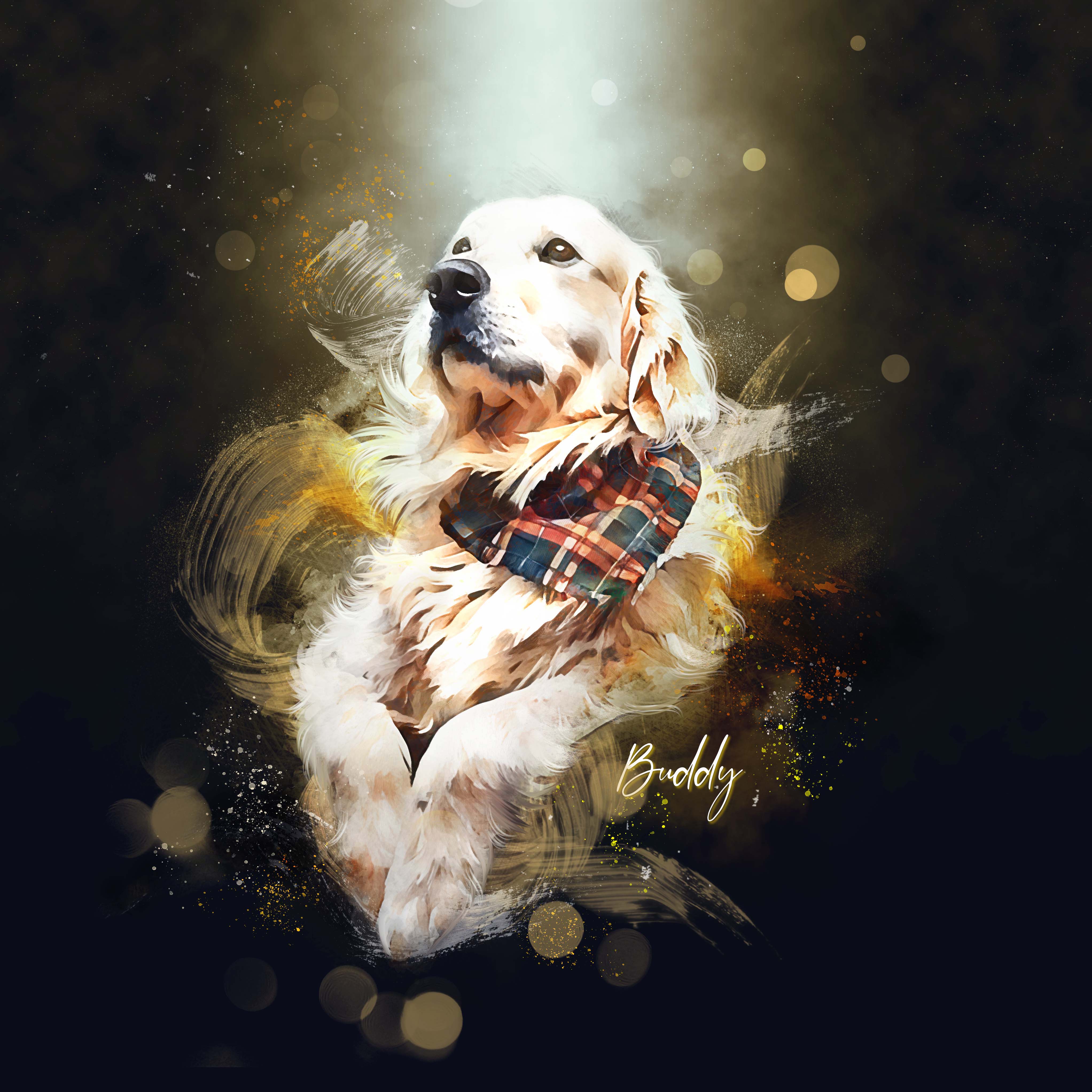 goolden retriever custom watercolor pet portrait of The Golden Glow style in gold and black colors