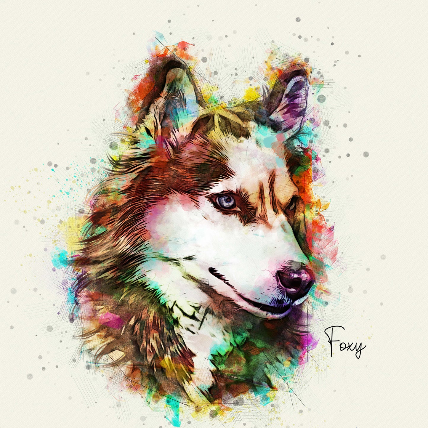 husky custom watercolor pet portrait of Pawpalette  style in rainbow colors