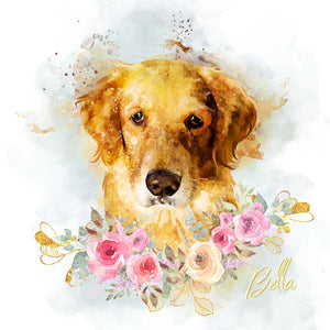 Floral style golden retriever dog art watercolor pet portrait