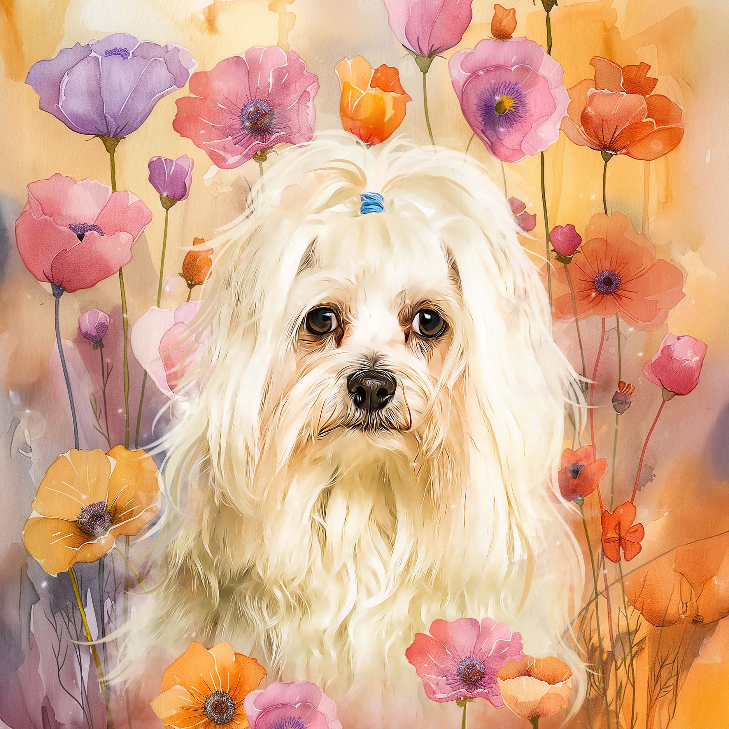 maltese custom watercolor pet portrait of blossomtails style in floral background