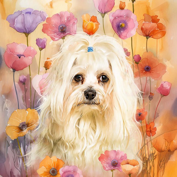 maltese custom watercolor pet portrait of blossomtails style in floral background