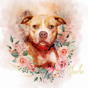 Floral style bull dog art watercolor pet portrait