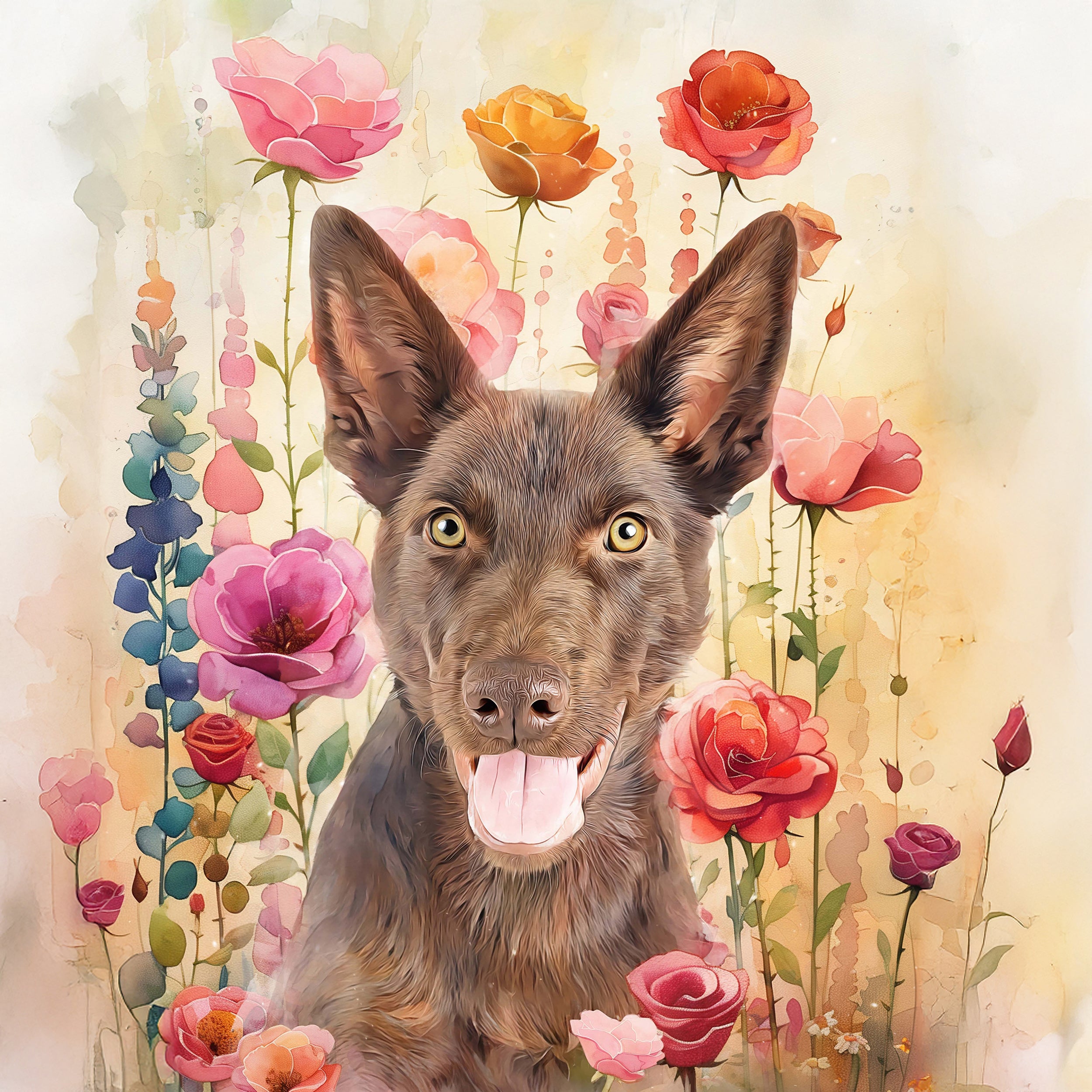 mix breed custom watercolor pet portrait of blossomtails style in floral background