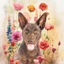 Load image into Gallery viewer, mix breed custom watercolor pet portrait of blossomtails style in floral background