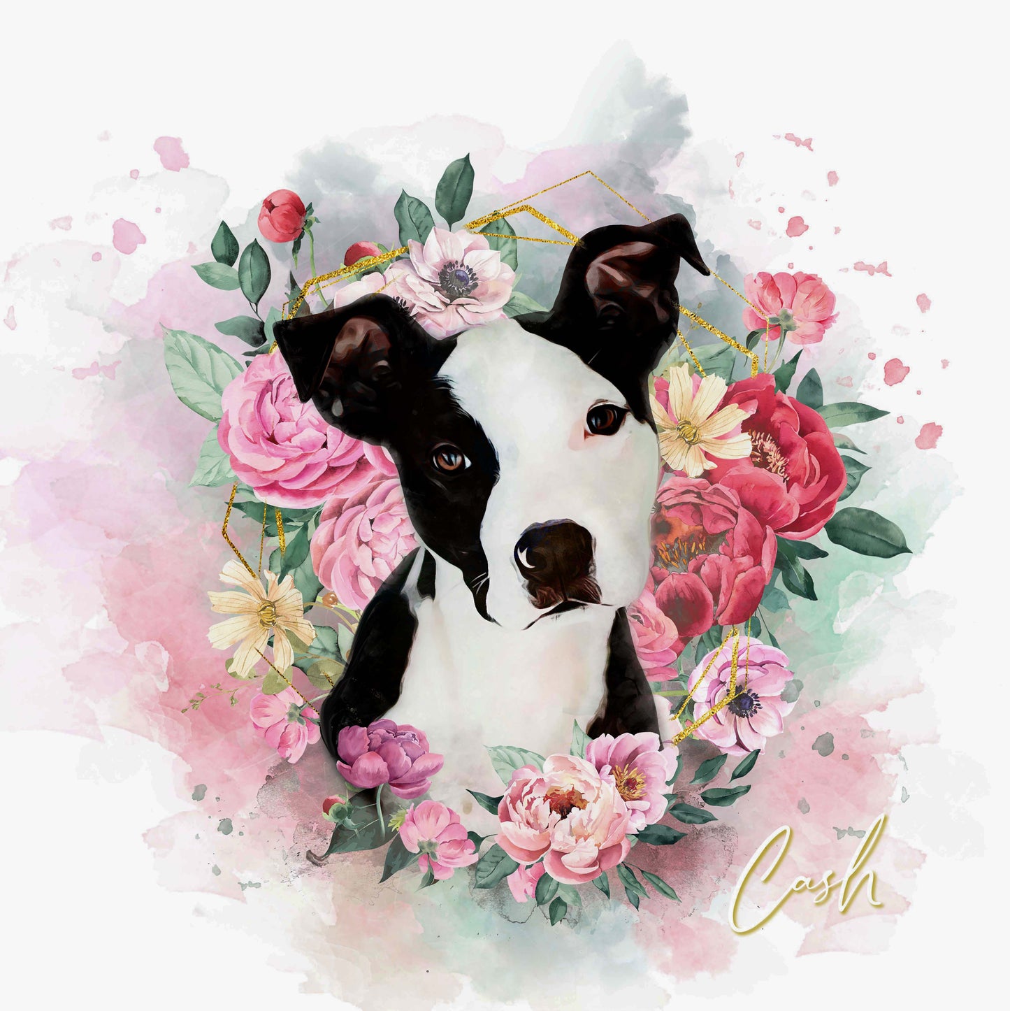 PAWSS - Watercolor pet portrait | American bulldog floral art 