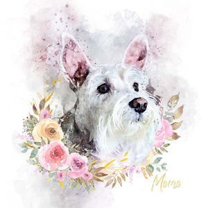 Floral style scottie dog art watercolor pet portrait
