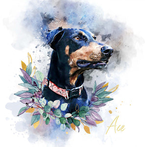 Floral style german shephard dog art watercolor pet portrait