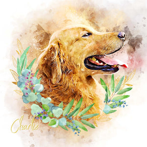 Floral style golden retriever dog art watercolor pet portrait