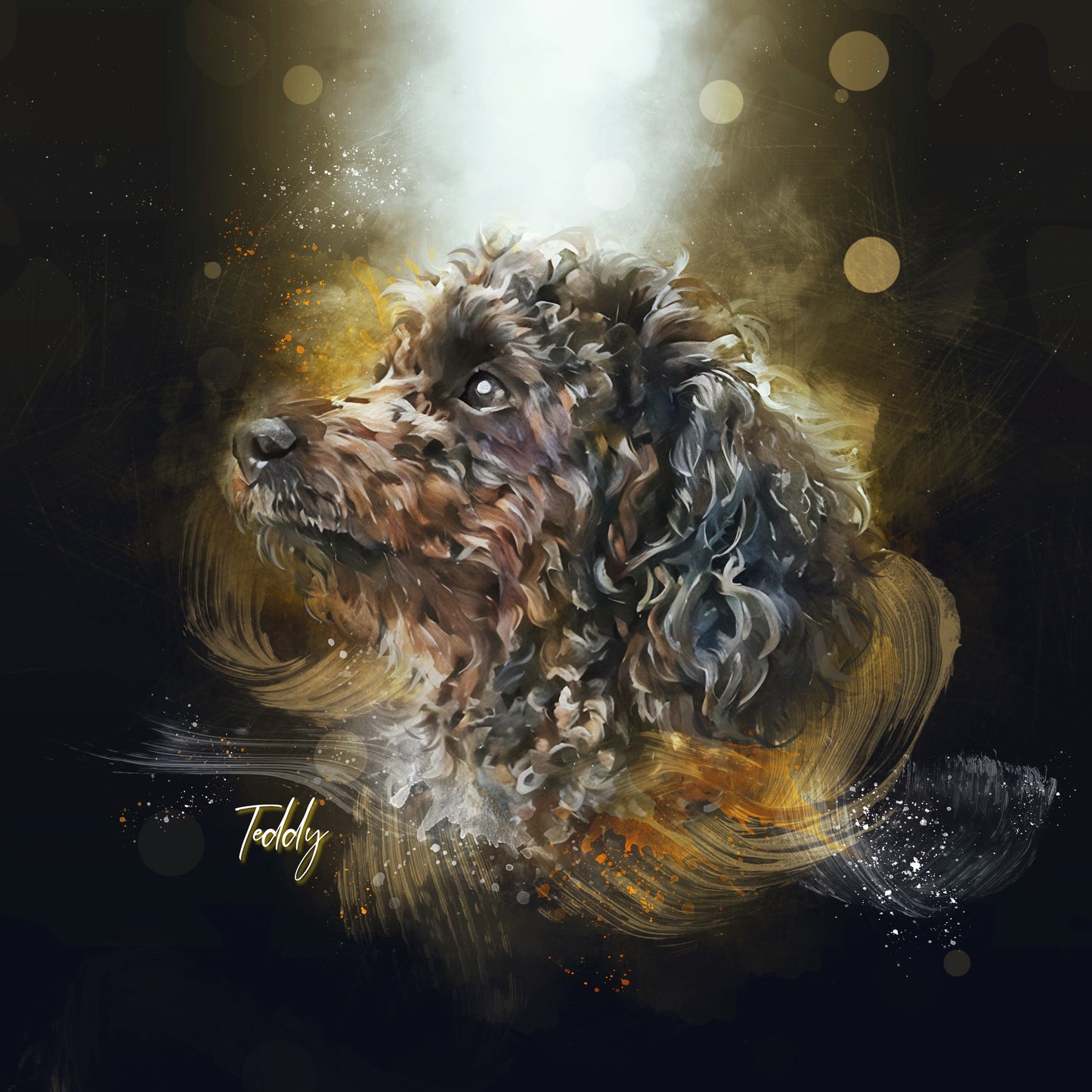 poodle custom watercolor pet portrait of The Golden Glow style in gold and black colors