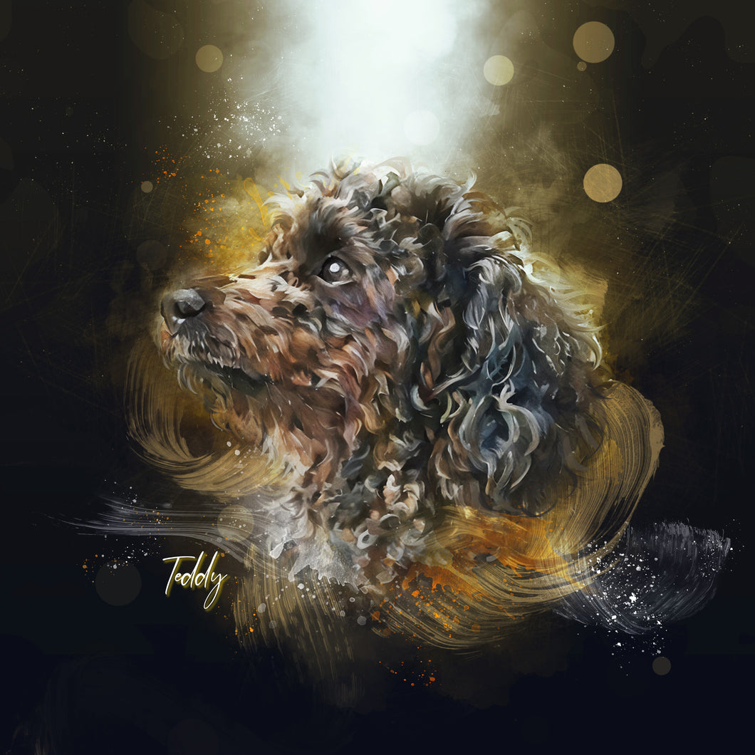poodle custom watercolor pet portrait of The Golden Glow style in gold and black colors