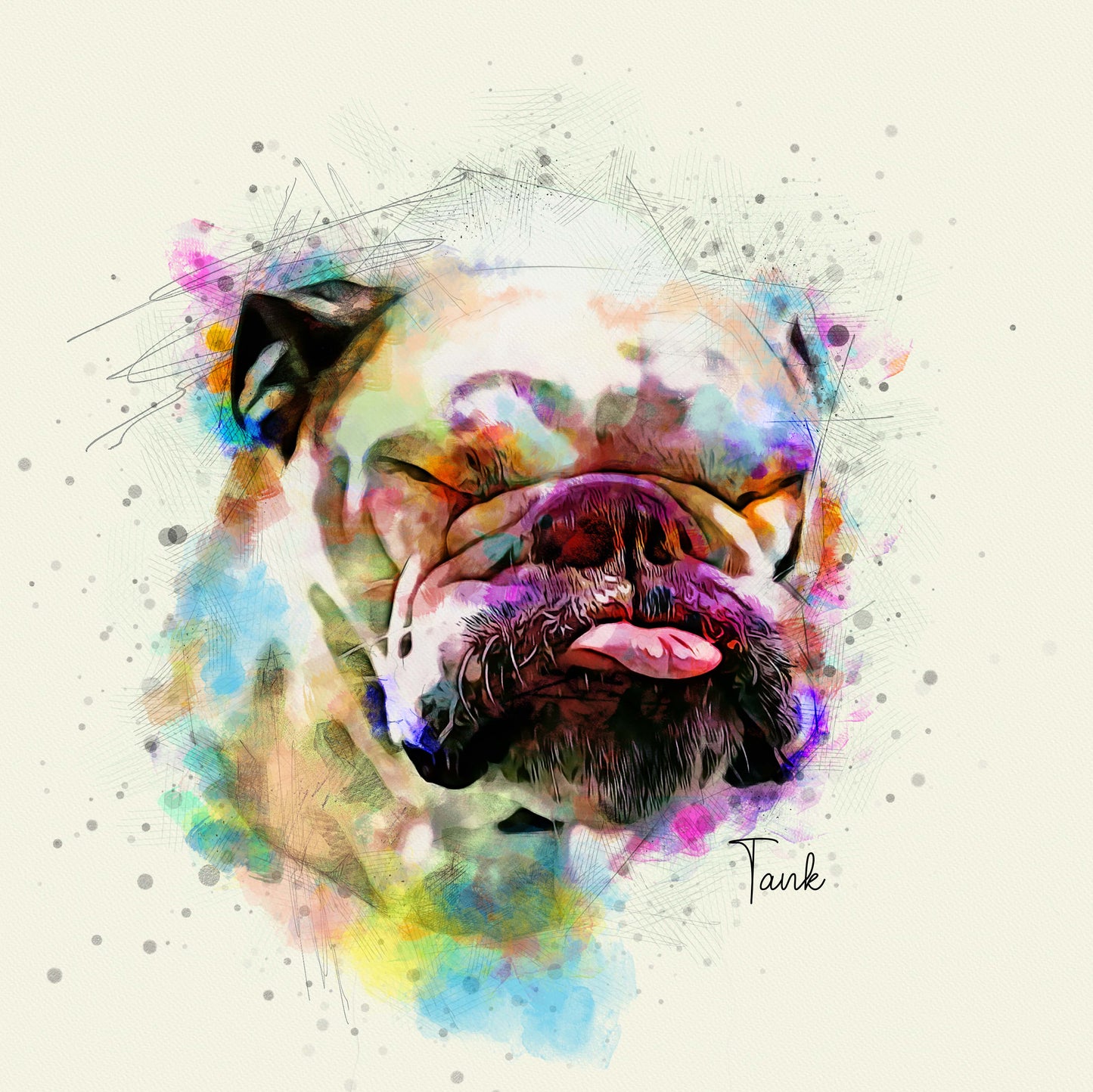 pug custom watercolor pet portrait of Pawpalette  style in rainbow colors