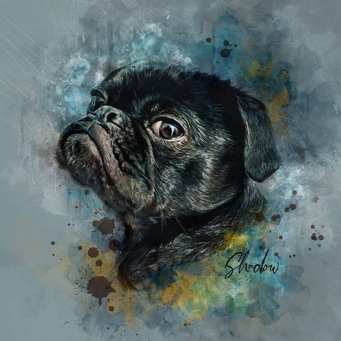 pug custom watercolor pet portrait of contemporary neutral style in soft neutral colors