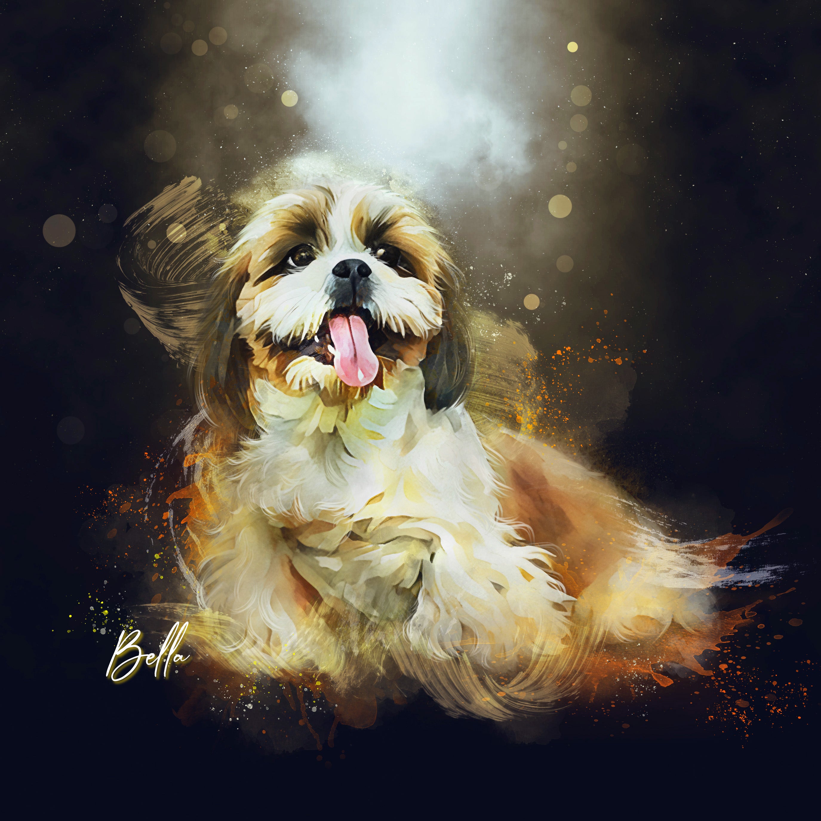 shih tzu custom watercolor pet portrait of The Golden Glow style in gold and black colors