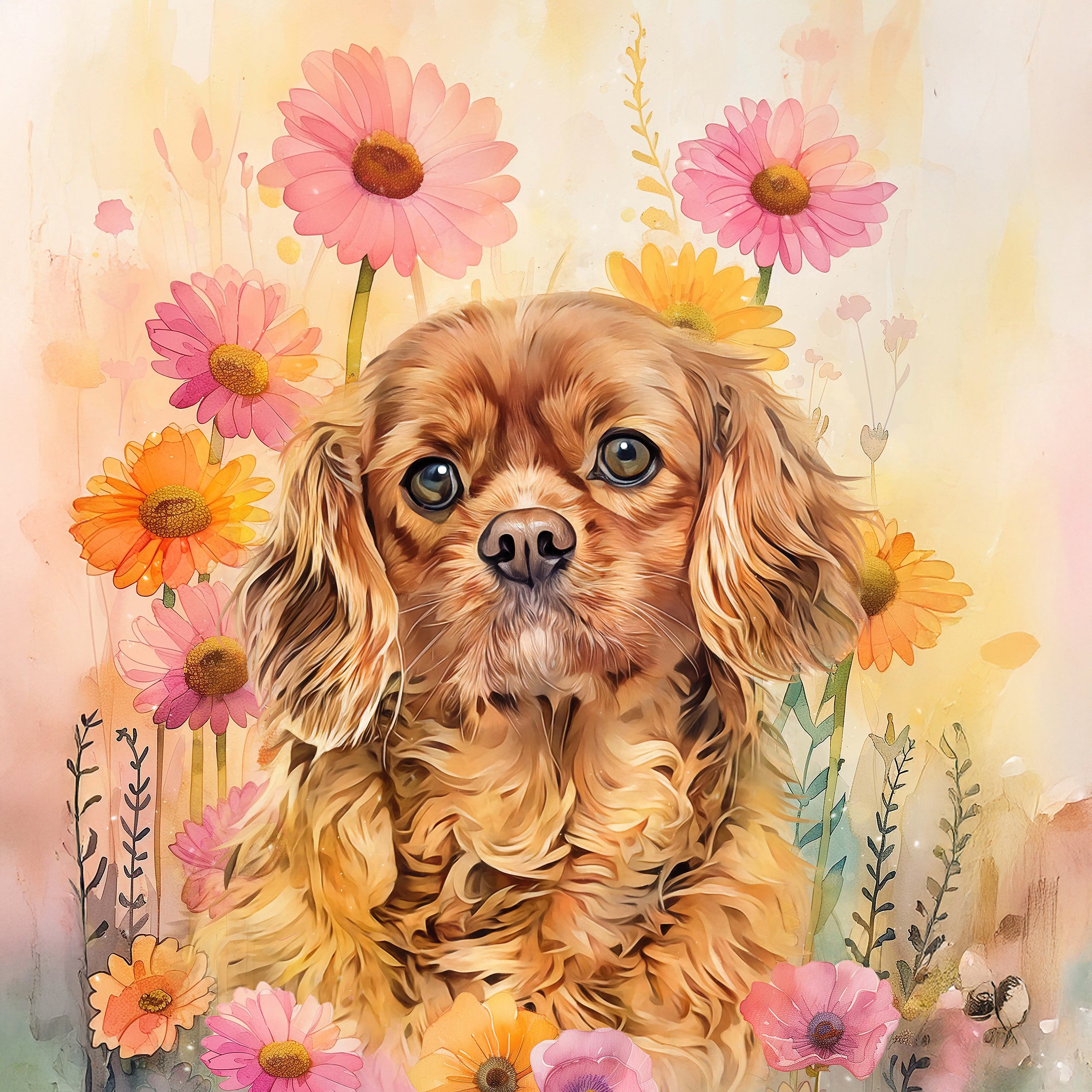 spaniel custom watercolor pet portrait of blossomtails style in floral background