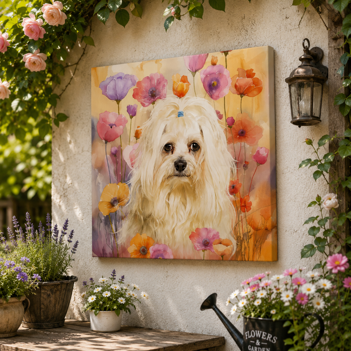Custom watercolor style pet portrait canvas featuring a maltese in a modern floral geranium aesthetic.