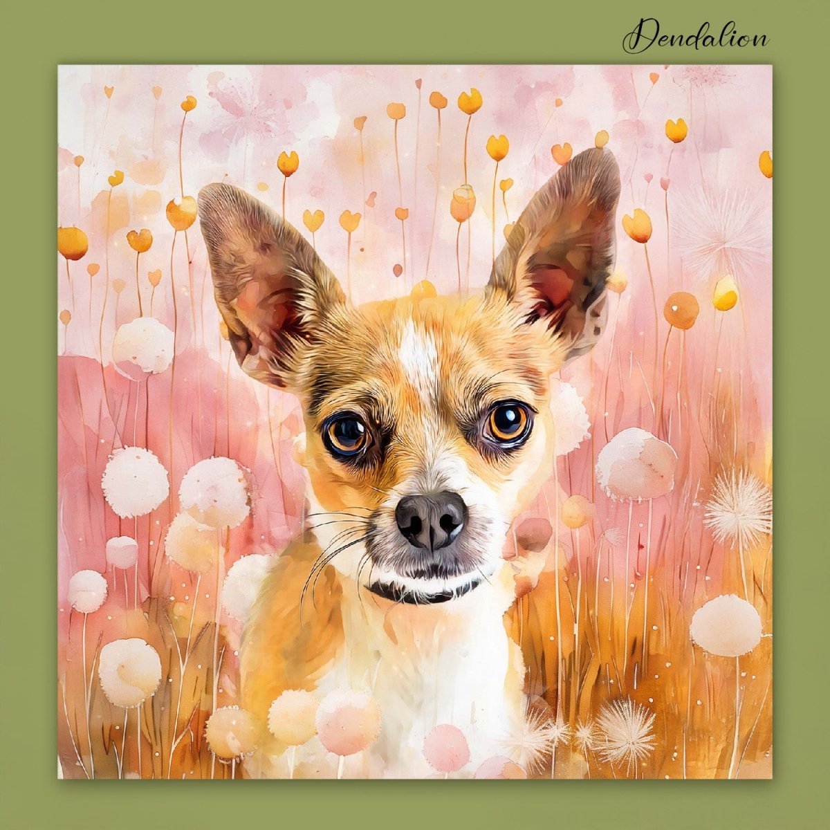 Custom watercolor style pet portrait poster featuring a chihuahua in a modern floral dendalion aesthetic.